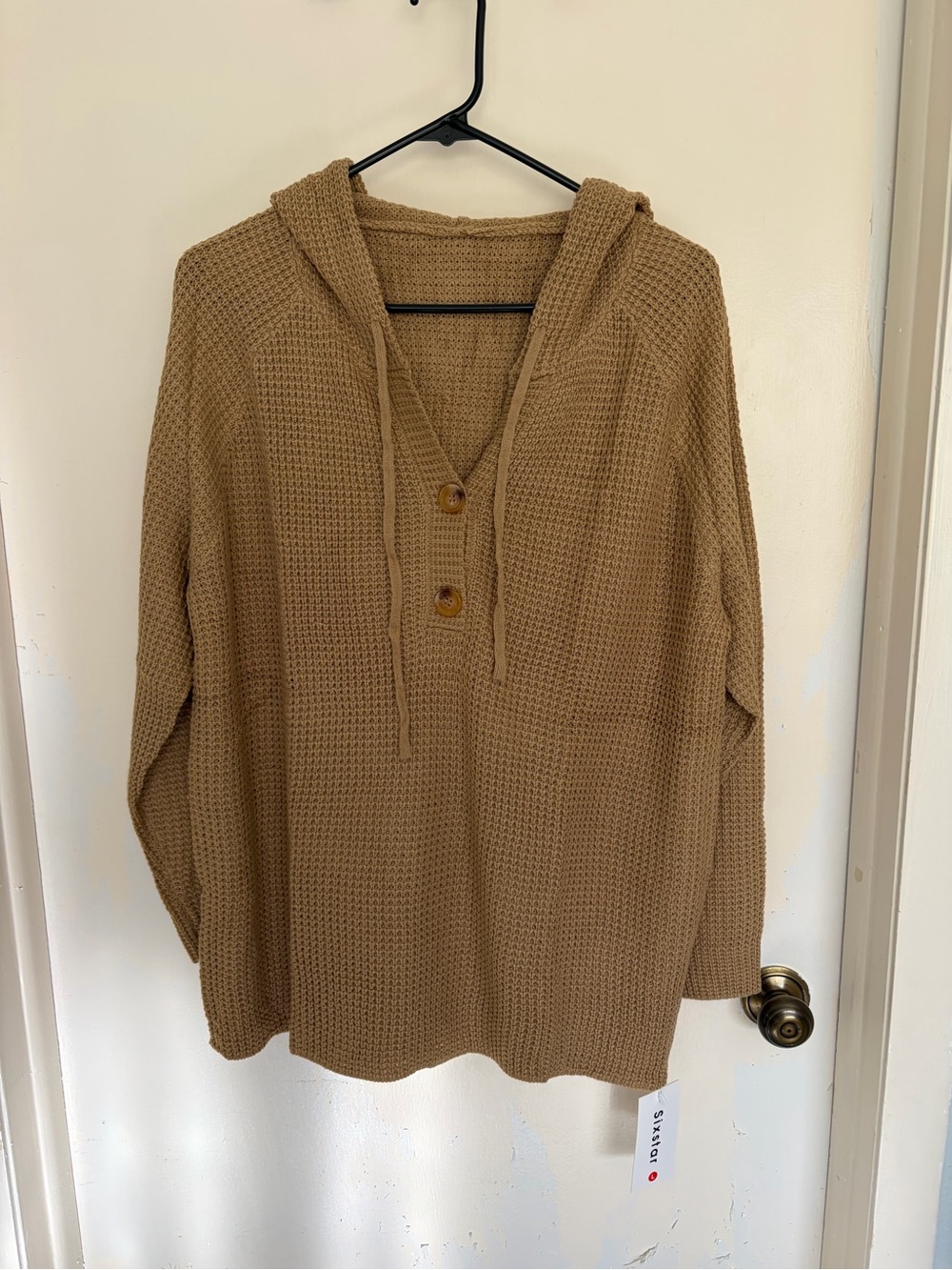 NWT Women's Waffle-Knit Hooded Pullover Sweater - Camel size XL